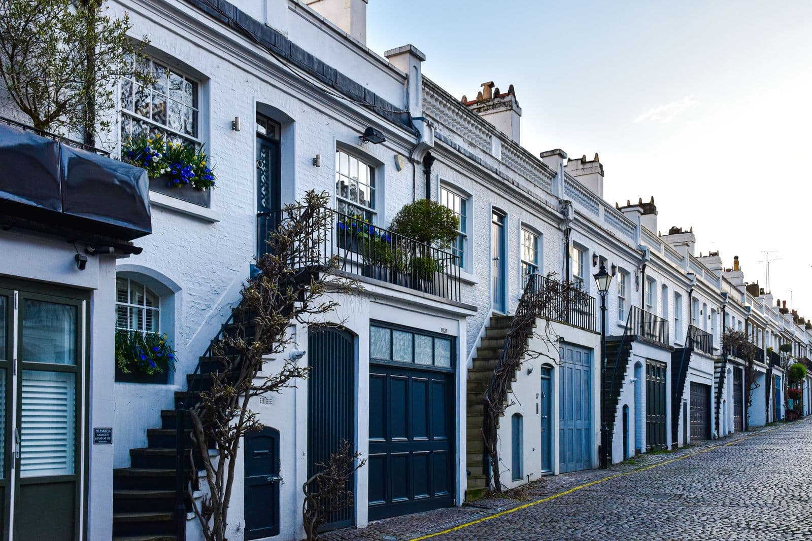 White mews houses with blue doors on a London street