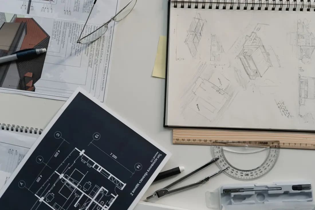 Floor plan drawings, pencil sketches of a house, a scale rule and a protractor spread across a desk
