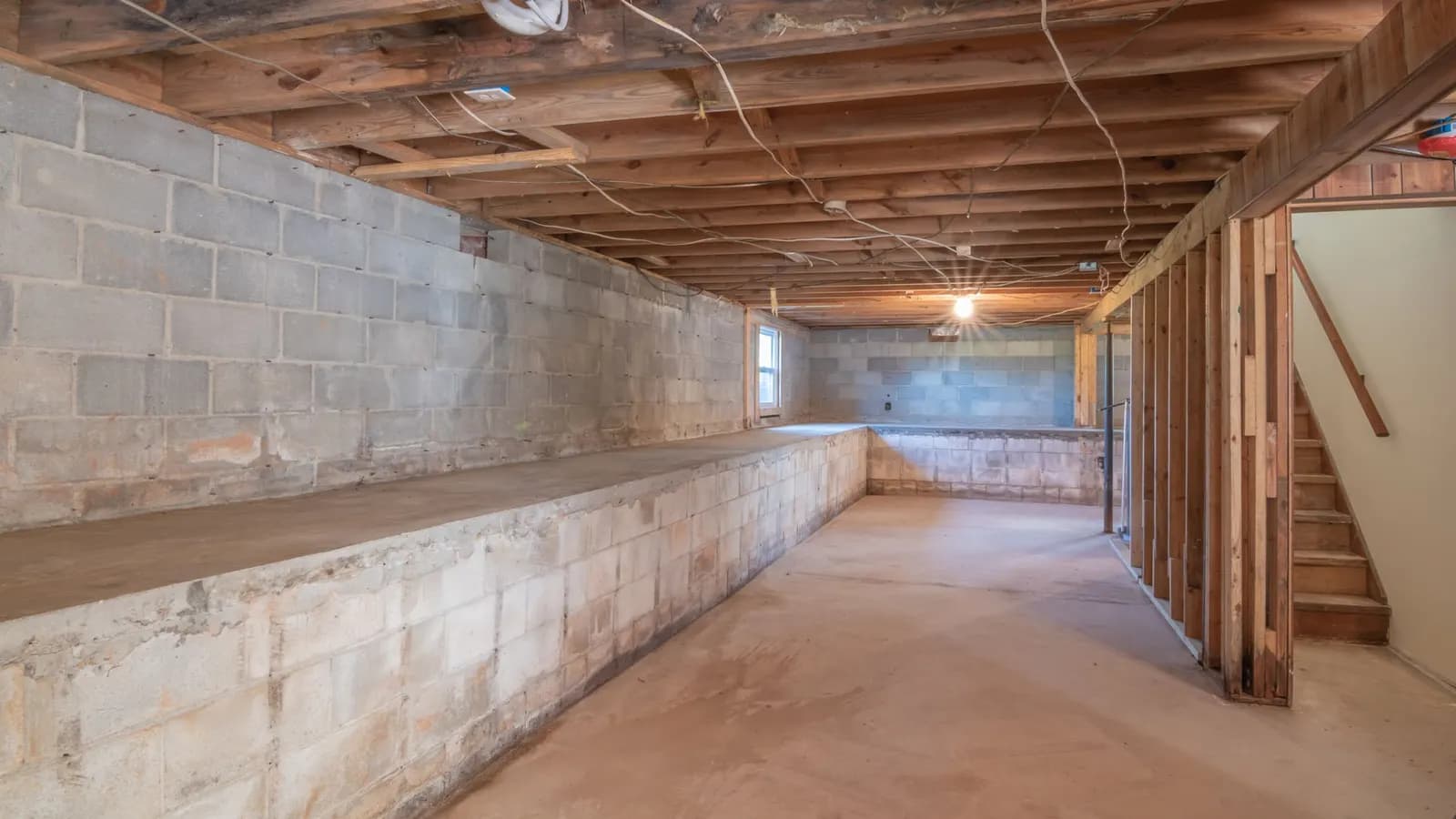 An empty cellar with block walls, a concrete floor, exposed timber joists overhead and a timber stair rising on the right
