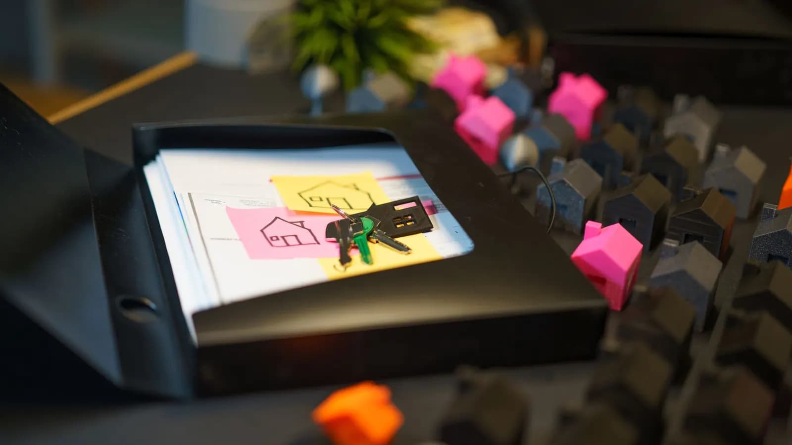House keys on a pile of property papers with sticky notes showing house outlines, and rows of small coloured model houses behind