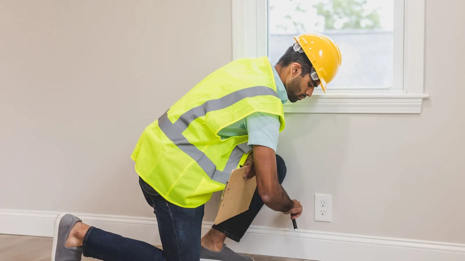 An inspector in a hard hat and high-visibility vest kneeling beside a wall socket in an empty room with a clipboard in his hand