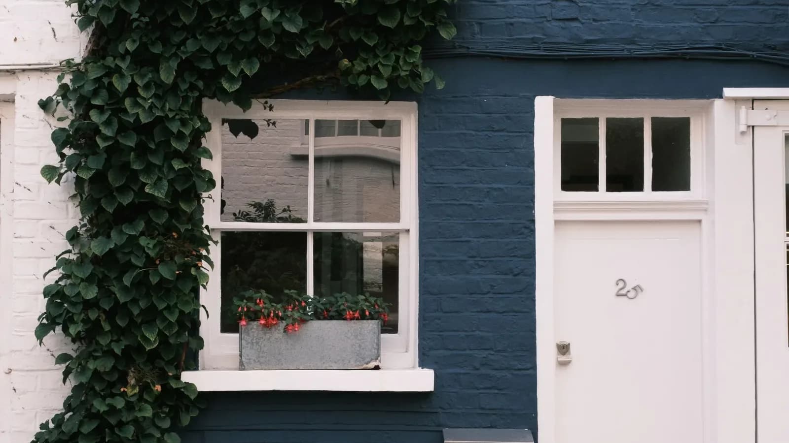 A navy blue painted brick house with a white sash window holding a flower box, ivy climbing beside it and a white front door