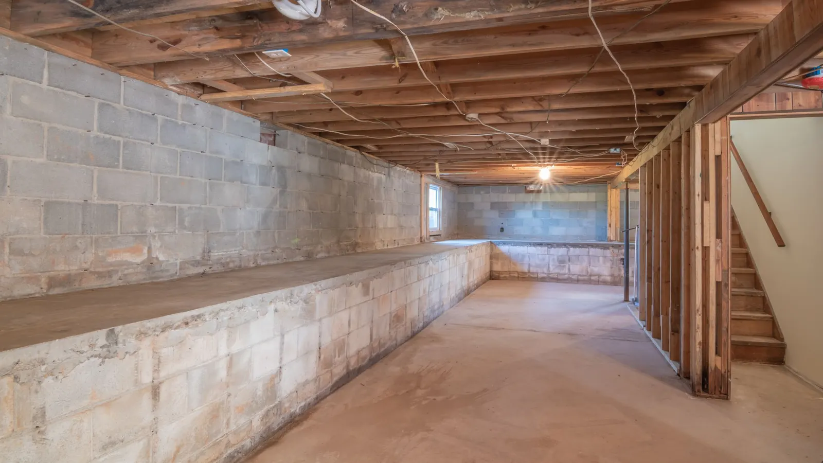 An empty cellar with block walls, a concrete floor, exposed timber joists overhead and a timber stair rising on the right