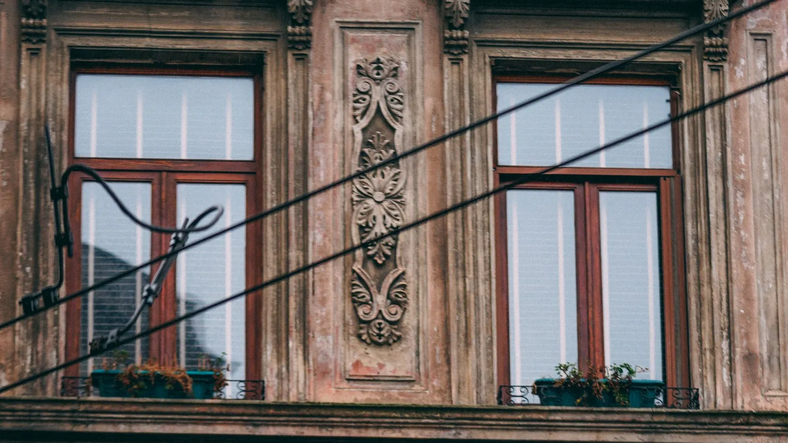 Close-up of an old stucco facade with two tall red-framed windows, carved floral relief between them and cables strung across the front