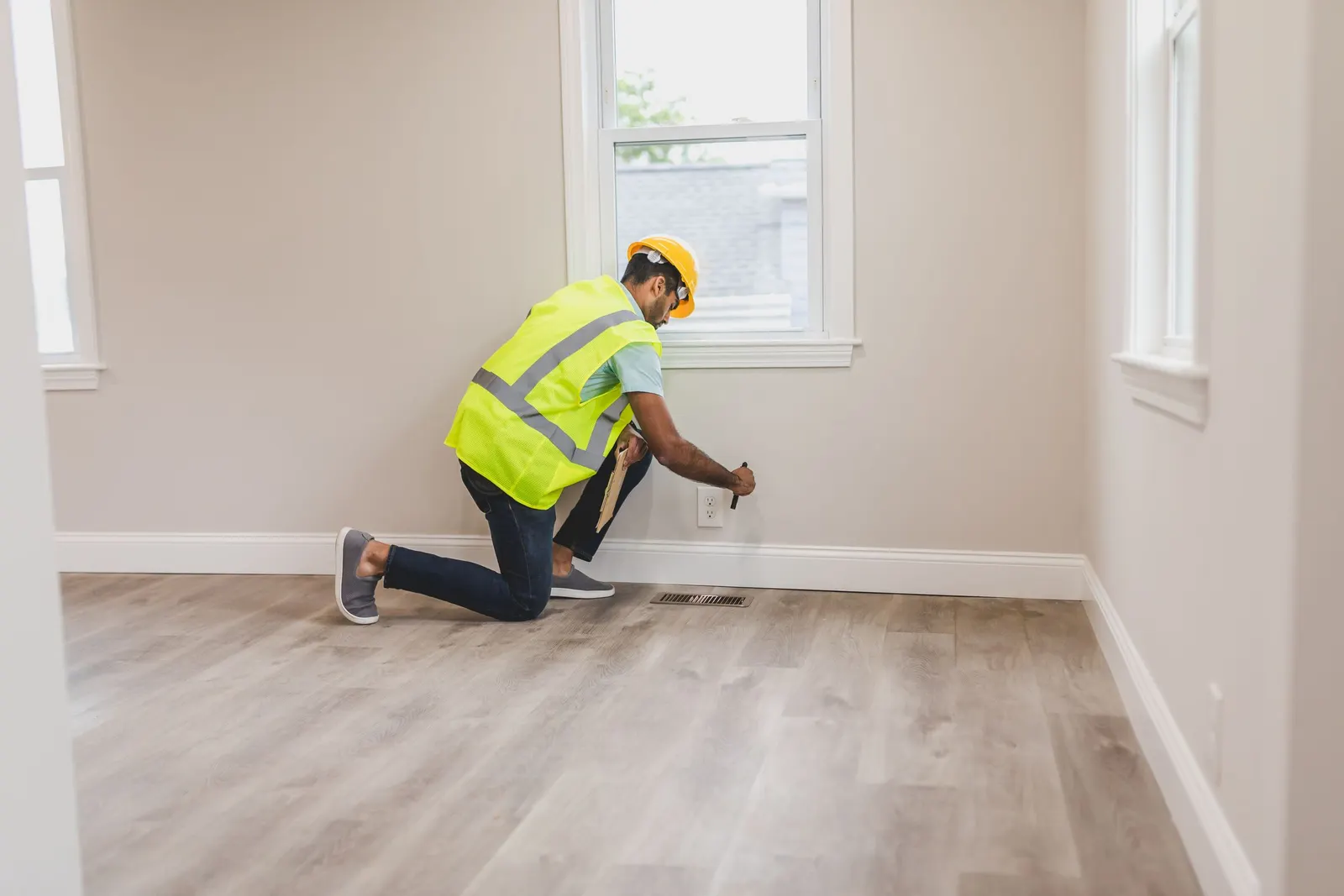 An inspector in a hard hat and high-visibility vest kneeling by a wall socket, holding a clipboard and a small torch